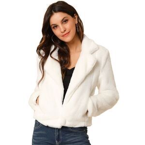 Cropped Jacket Notch Lapel Faux Fur Fluffy Coat White